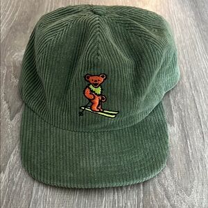 Green Corduroy Hat with Bear Embroidery
